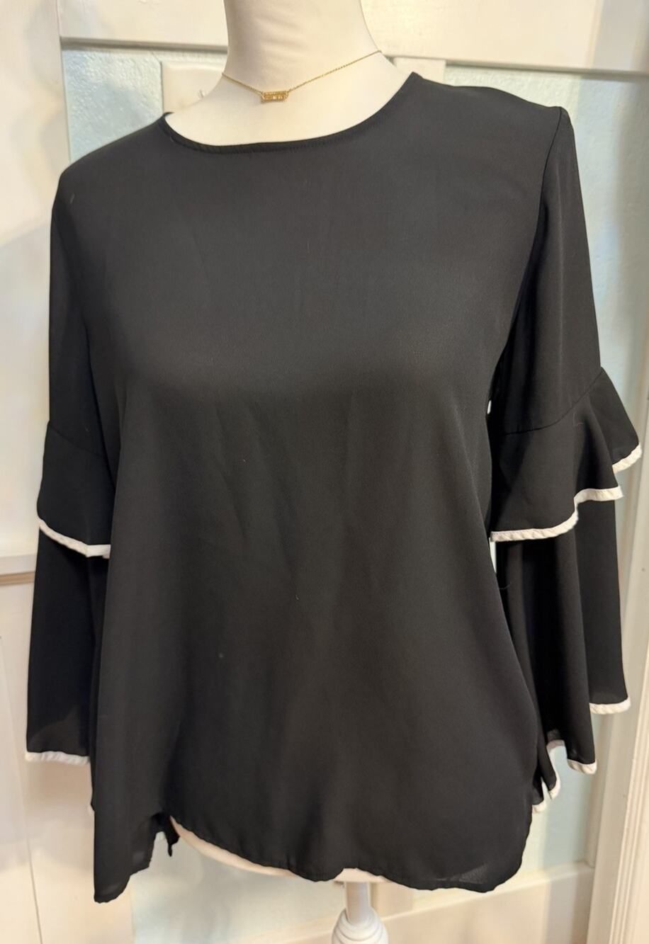 Loft Outlet womans XS black semi sheer blouse bell sleeve top white tipping
